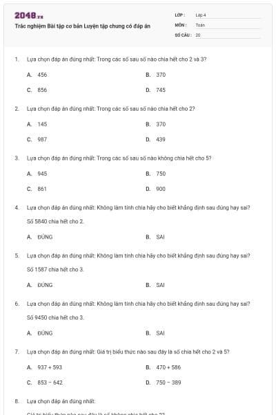 Trắc nghiệm Bài tập cơ bản Luyện tập chung có đáp án