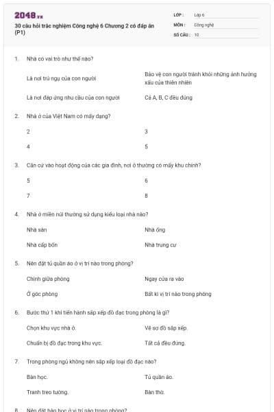 30 câu hỏi trắc nghiệm Công nghệ 6 Chương 2 có đáp án (P1)