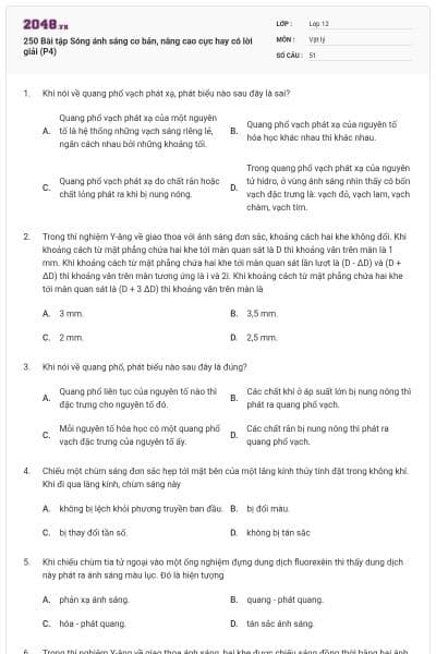 250 Bài tập Sóng ánh sáng cơ bản, nâng cao cực hay có lời giải (P4)