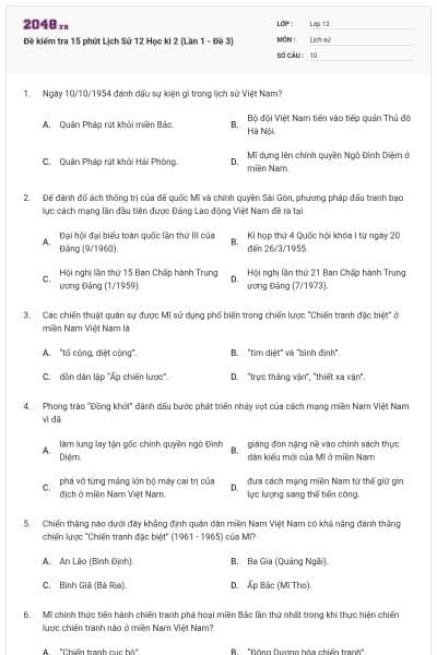 Đề kiểm tra 15 phút Lịch Sử 12 Học kì 2 (Lần 1 - Đề 3)