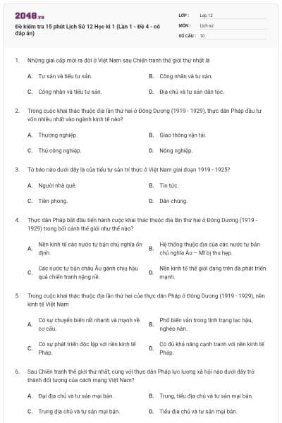 Đề kiểm tra 15 phút Lịch Sử 12 Học kì 1 (Lần 1 - Đề 4 - có đáp án)