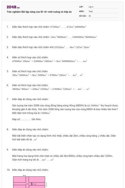 Trắc nghiệm Bài tập nâng cao Ki–lô–mét vuông có đáp án