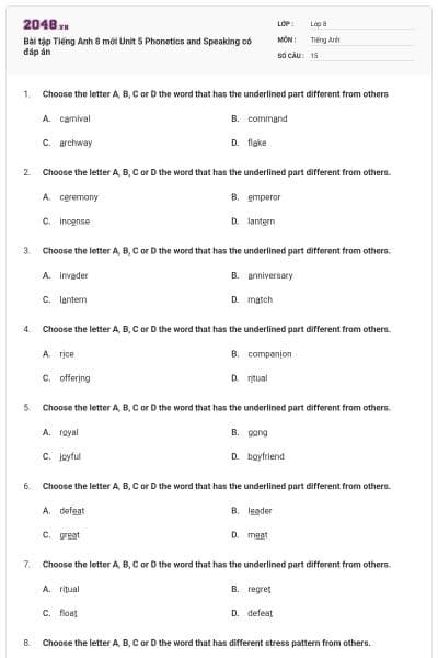 Bài tập Tiếng Anh 8 mới Unit 5 Phonetics and Speaking có đáp án