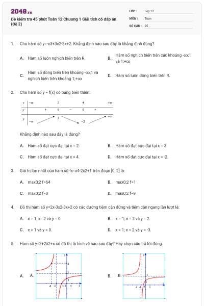 Đề kiểm tra 45 phút Toán 12 Chương 1 Giải tích có đáp án (Đề 2)