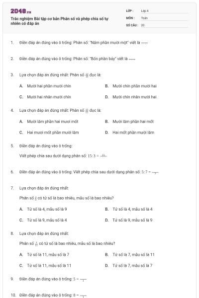 Trắc nghiệm Bài tập cơ bản Phân số và phép chia số tự nhiên có đáp án