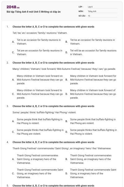 Bài tập Tiếng Anh 8 mới Unit 5 Writing có đáp án