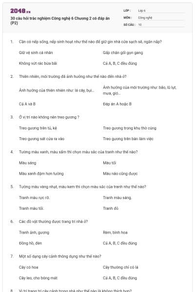 30 câu hỏi trắc nghiệm Công nghệ 6 Chương 2 có đáp án (P2)