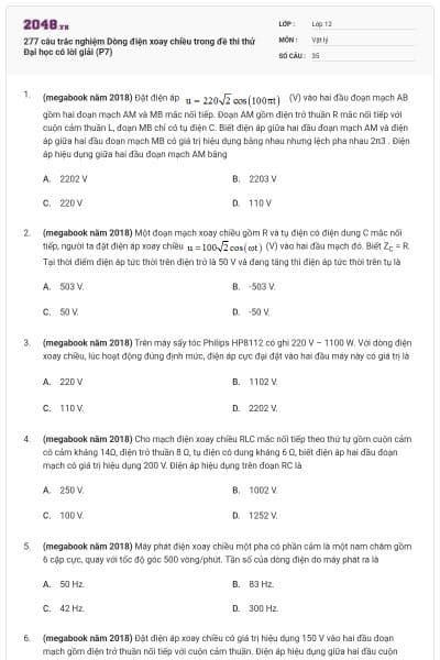 277 câu trắc nghiệm Dòng điện xoay chiều trong đề thi thử Đại học có lời giải (P7)