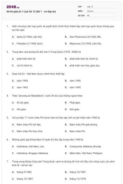 Đề thi giữa kì 1 Lịch Sử 12 (Đề 1 - có đáp án)