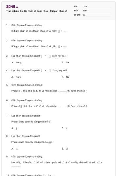 Trắc nghiệm Bài tập Phân số bằng nhau - Rút gọn phân số