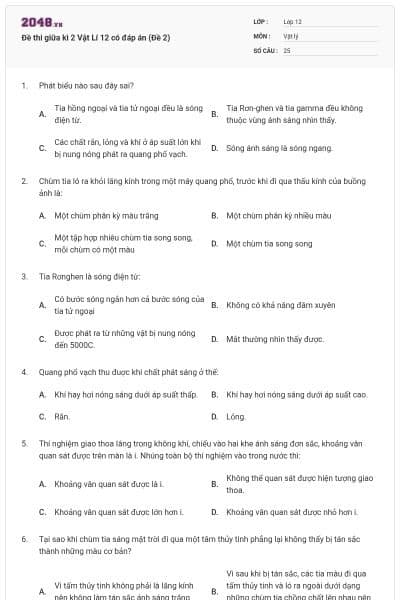 Đề thi giữa kì 2 Vật Lí 12 có đáp án (Đề 2)