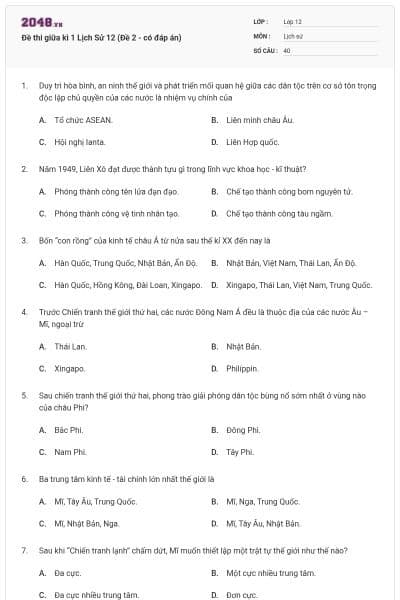Đề thi giữa kì 1 Lịch Sử 12 (Đề 2 - có đáp án)