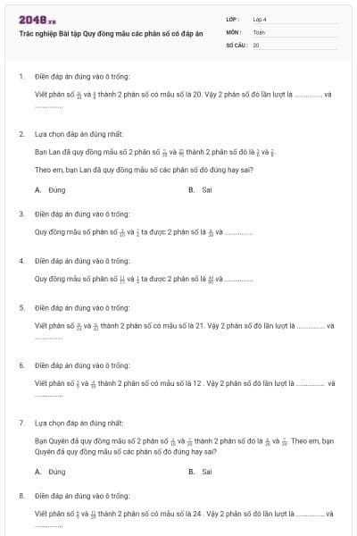 Trắc nghiệp Bài tập Quy đồng mẫu các phân số có đáp án