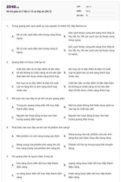 Đề thi giữa kì 2 Vật Lí 12 có đáp án (Đề 3)