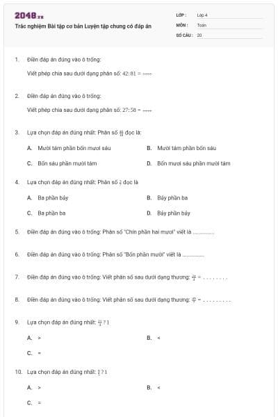 Trắc nghiệm Bài tập cơ bản Luyện tập chung có đáp án