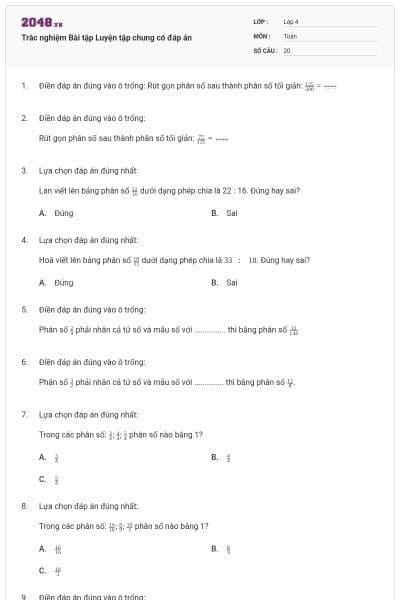 Trắc nghiệm Bài tập Luyện tập chung có đáp án