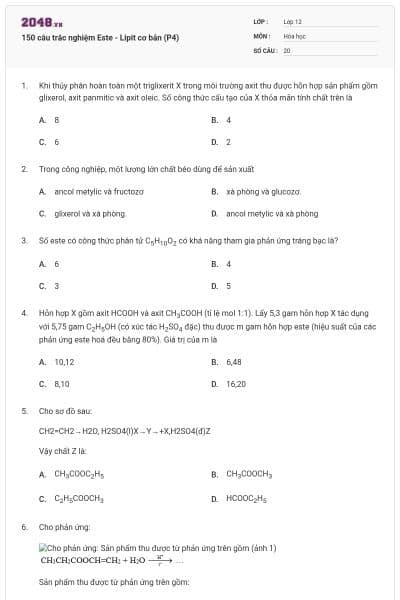 150 câu trắc nghiệm Este - Lipit cơ bản (P4)