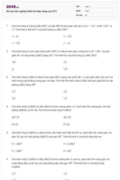 80 câu trắc nghiệm Khối đa diện nâng cao (P1)