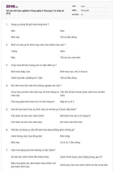 30 câu hỏi trắc nghiệm Công nghệ 6 Chương 2 có đáp án (P3)
