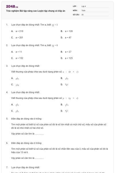 Trắc nghiệm Bài tập nâng cao Luyện tập chung có đáp án