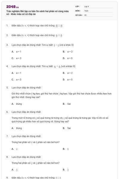 Trắc nghiệm Bài tập cơ bản So sánh hai phân số cùng mẫu số - khác mẫu số có đáp án