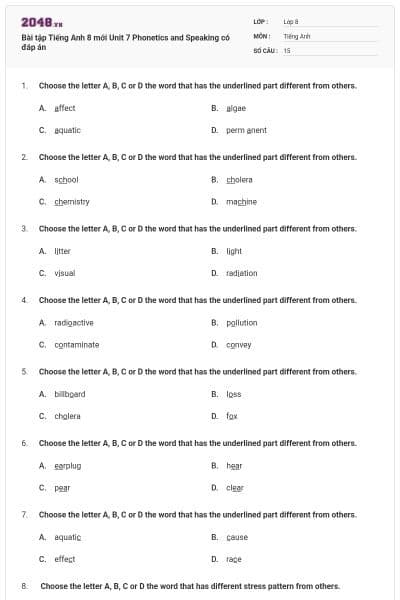 Bài tập Tiếng Anh 8 mới Unit 7 Phonetics and Speaking có đáp án
