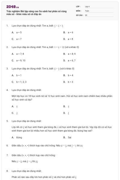 Trắc nghiệm Bài tập nâng cao So sánh hai phân số cùng mẫu số - khác mẫu số có đáp án