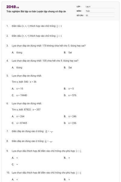 Trắc nghiệm Bài tập cơ bản Luyện tập chung có đáp án