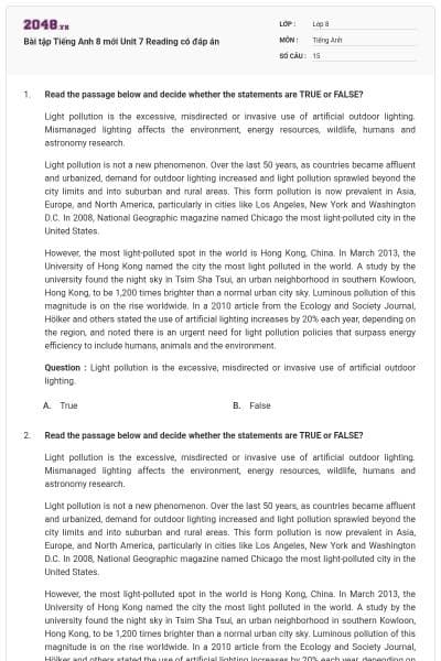 Bài tập Tiếng Anh 8 mới Unit 7 Reading có đáp án