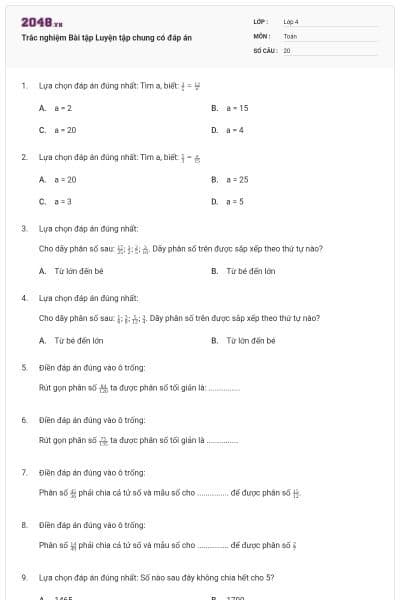 Trắc nghiệm Bài tập Luyện tập chung có đáp án