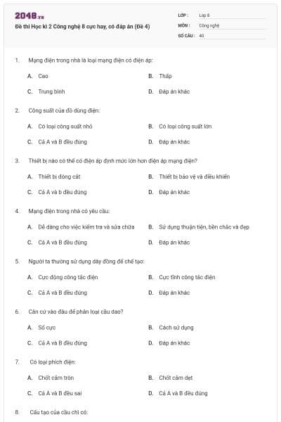 Đề thi Học kì 2 Công nghệ 8 cực hay, có đáp án (Đề 4)