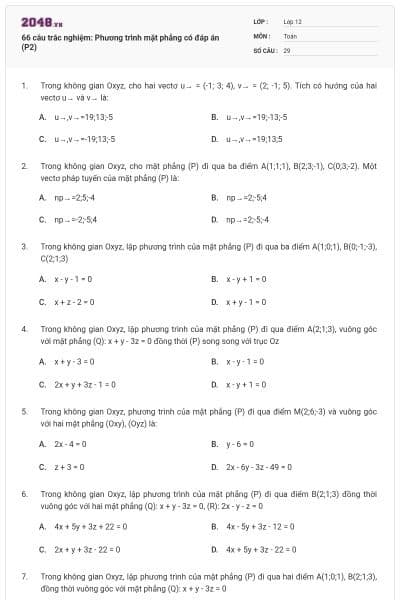 66 câu trắc nghiệm: Phương trình mặt phẳng có đáp án (P2)