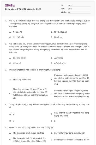 Đề thi giữa kì 2 Vật Lí 12 có đáp án (Đề 4)