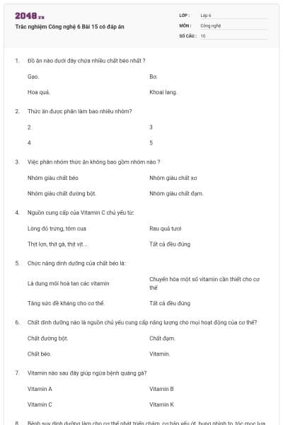 Trắc nghiệm Công nghệ 6 Bài 15 có đáp án