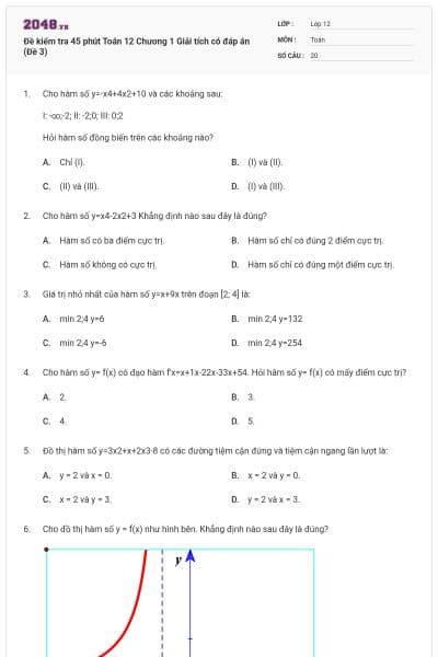Đề kiểm tra 45 phút Toán 12 Chương 1 Giải tích có đáp án (Đề 3)