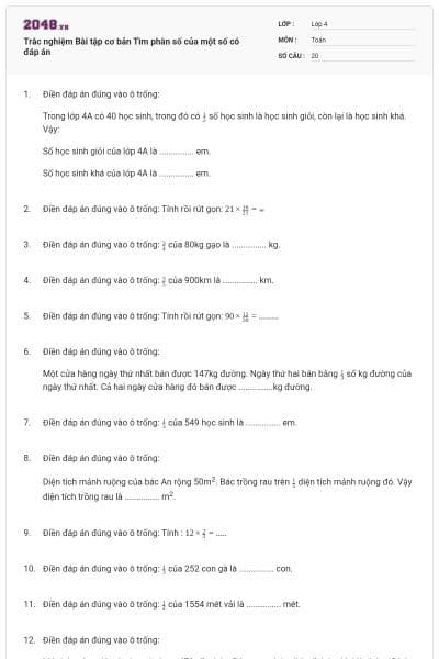 Trắc nghiệm Bài tập cơ bản Tìm phân số của một số có đáp án