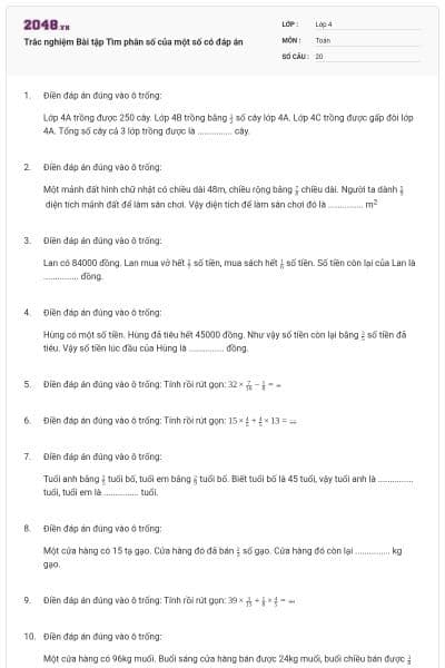 Trắc nghiệm Bài tập Tìm phân số của một số có đáp án