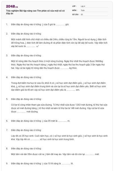 Trắc nghiệm Bài tập nâng cao Tìm phân số của một số có đáp án