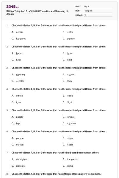 Bài tập Tiếng Anh 8 mới Unit 8 Phonetics and Speaking có đáp án
