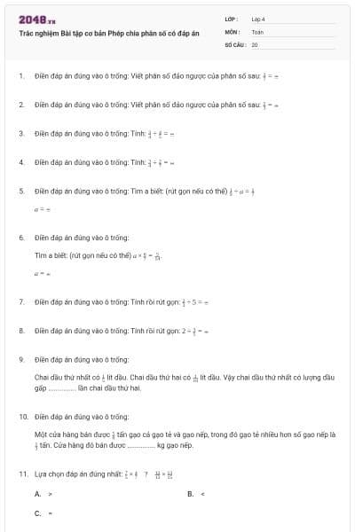 Trắc nghiệm Bài tập cơ bản Phép chia phân số có đáp án