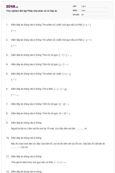 Trắc nghiệm Bài tập Phép chia phân số có đáp án