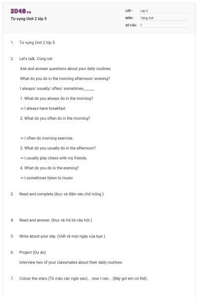 Từ vựng Unit 2 lớp 5