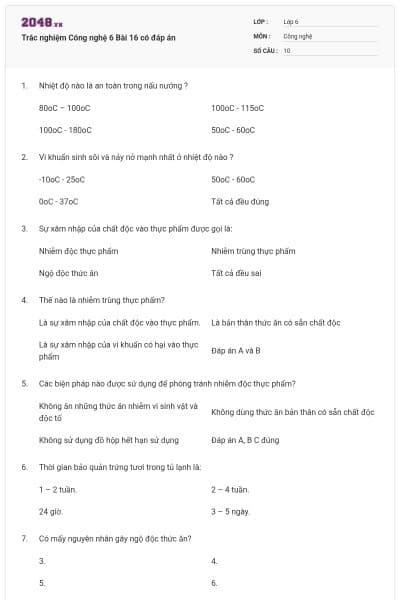 Trắc nghiệm Công nghệ 6 Bài 16 có đáp án