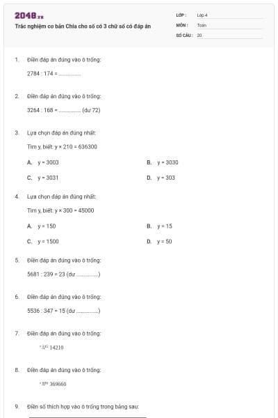 Trắc nghiệm cơ bản Chia cho số có 3 chữ số có đáp án