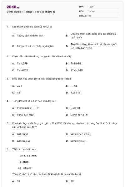 Đề thi giữa kì 1 Tin học 11 có đáp án (Đề 1)