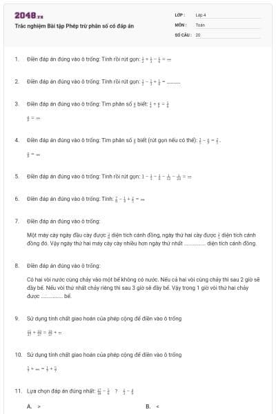 Trắc nghiệm Bài tập Phép trừ phân số có đáp án