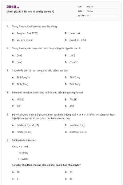Đề thi giữa kì 1 Tin học 11 có đáp án (Đề 4)
