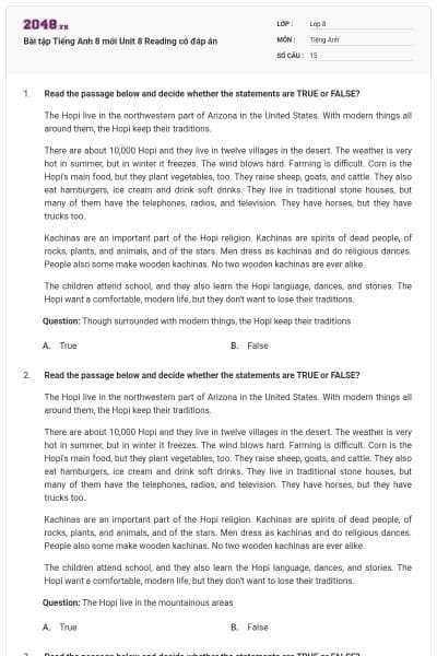 Bài tập Tiếng Anh 8 mới Unit 8 Reading có đáp án