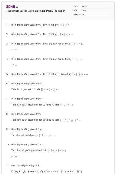 Trắc nghiệm Bài tập Luyện tập chung (Phần 2) có đáp án