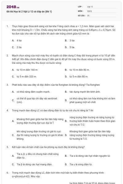Đề thi Học kì 2 Vật Lí 12 có đáp án (Đề 1)